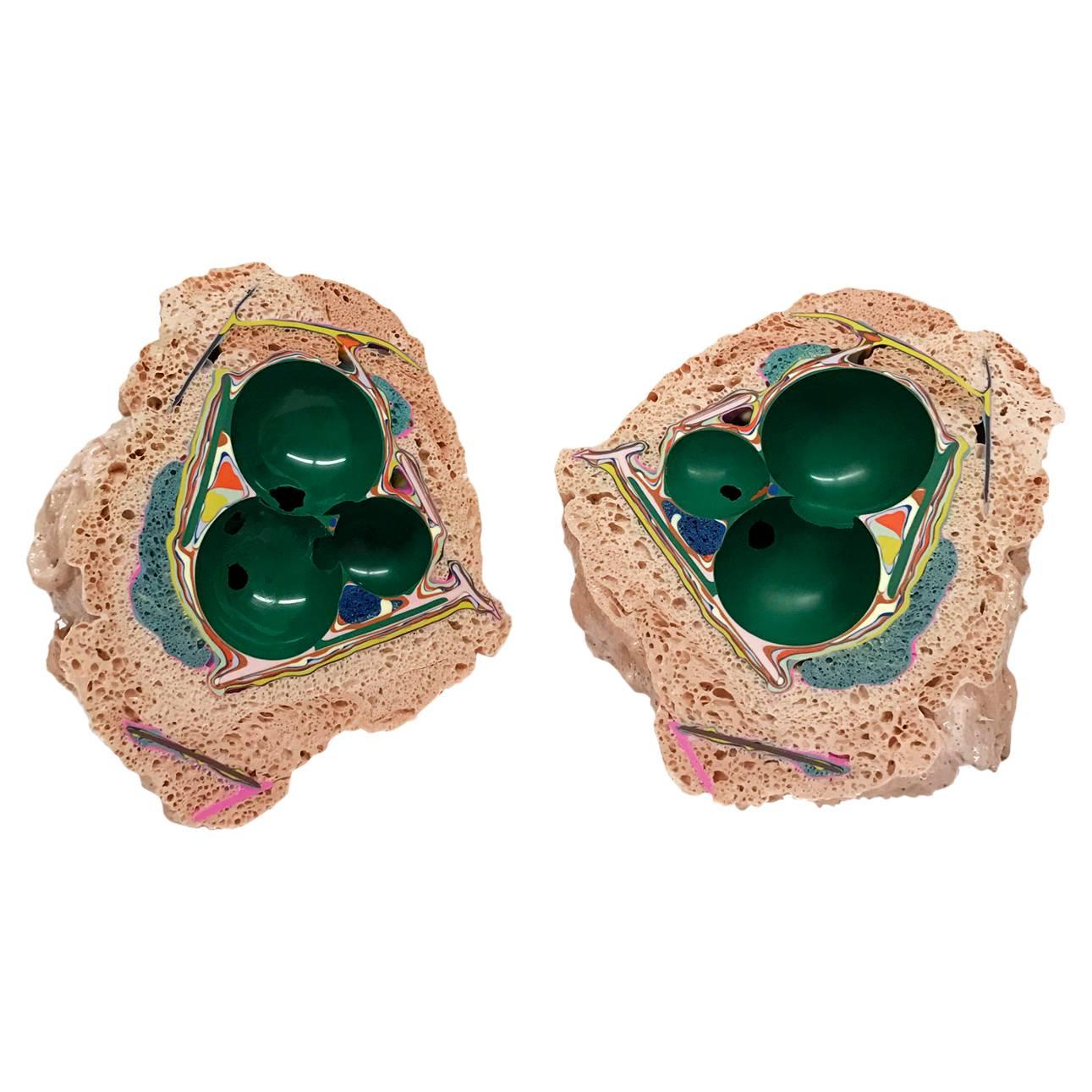 Unique Handmade Tabletop Geode Sculpture in Emerald Green and Blush Pink