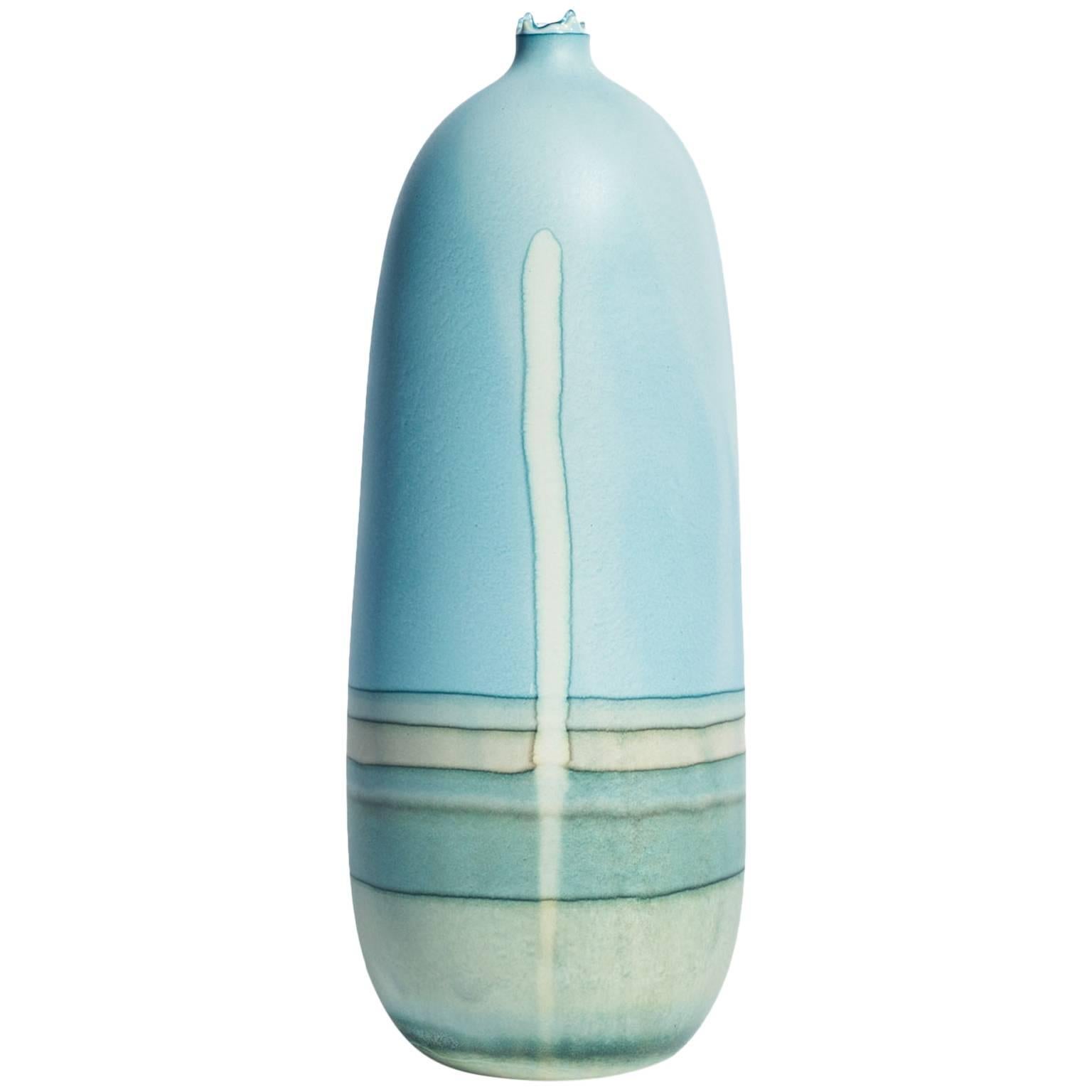 Unique Tall Oblong Landscape Vase in Blue and Aqua