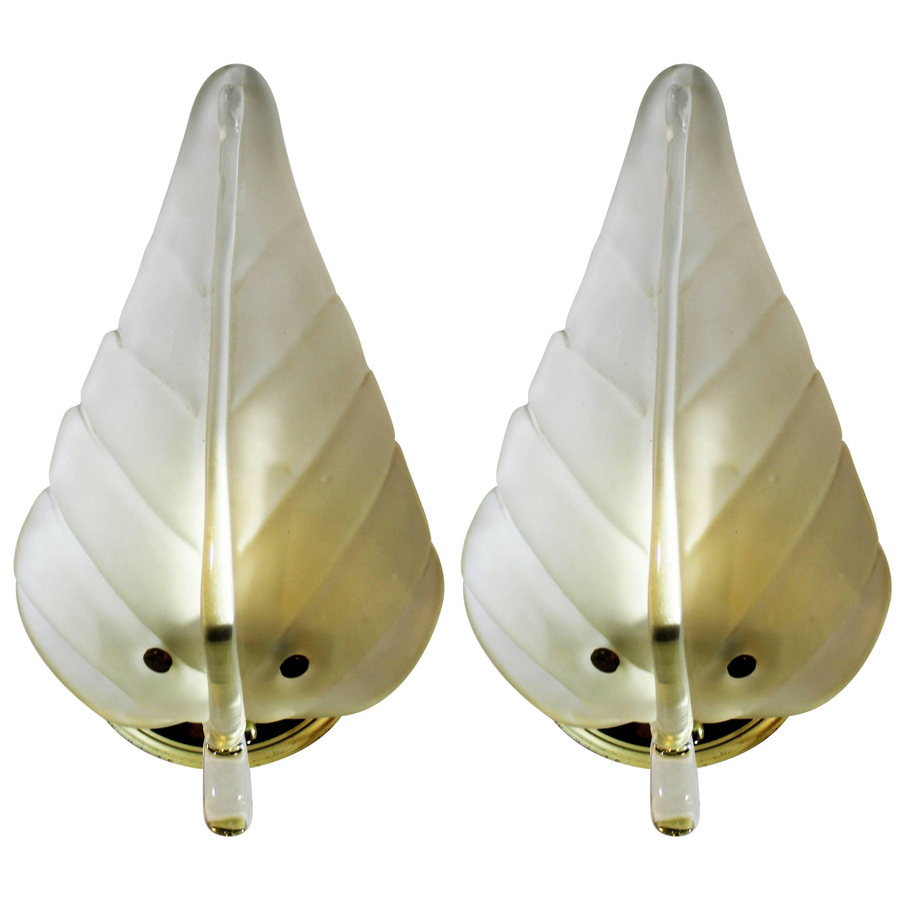 Pair of Murano Glass Leaf Wall Sconces For Sale