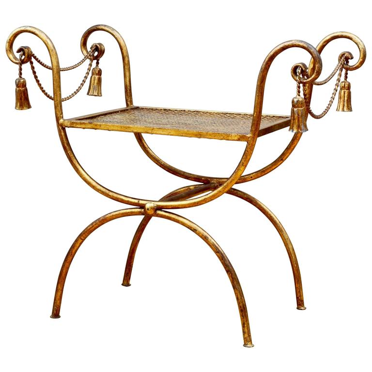 Hollywood Regency Style Gilt Wrought Iron Rope And Tassel Bench Or