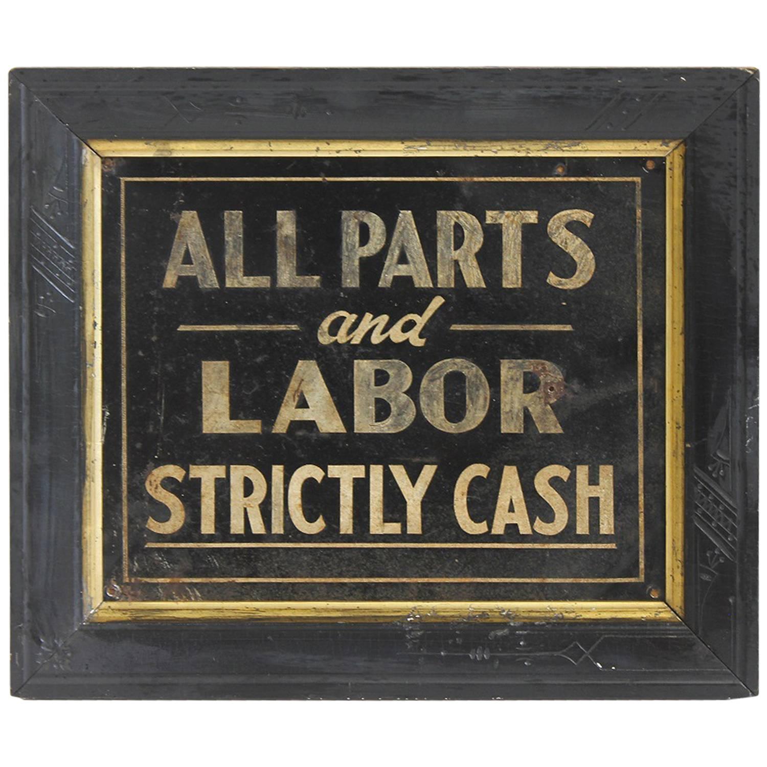 1900s Hand-Painted Biker's Shop Tin Sign "All Parts & Labor Strictly Cash" For Sale