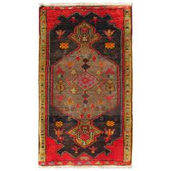 Tribal Oushak Carpet with Vibrant Red Corner Borders and Black Background