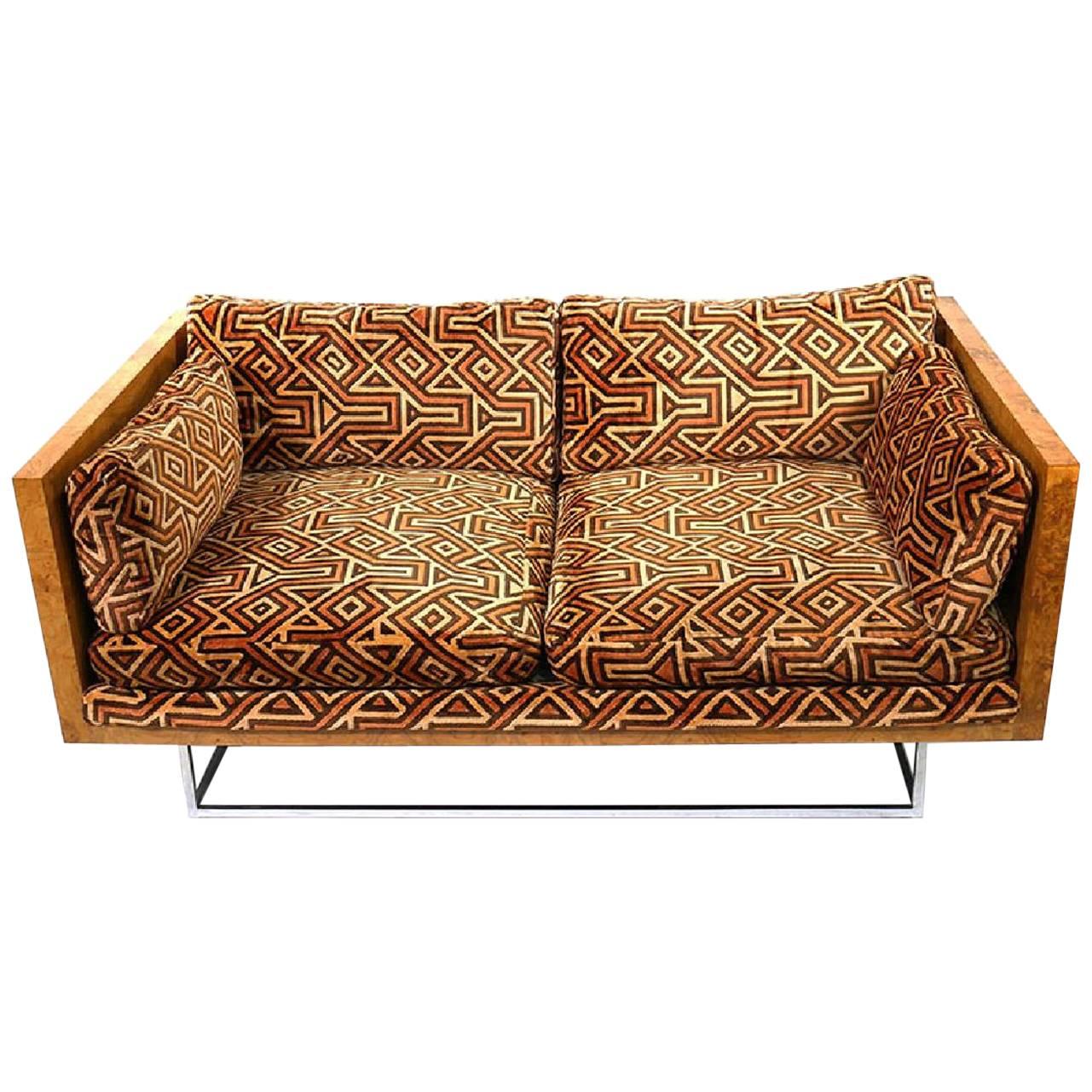 Milo Baughman Burl Wood and Chrome Case Loveseat with Larsen Upholstery
