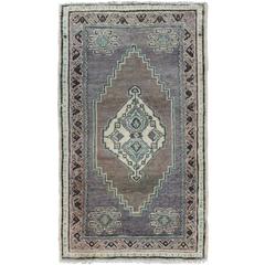 Vintage Turkish Oushak Rug with Dark Gray-Lavender Cornices, Soft Green Floral Border