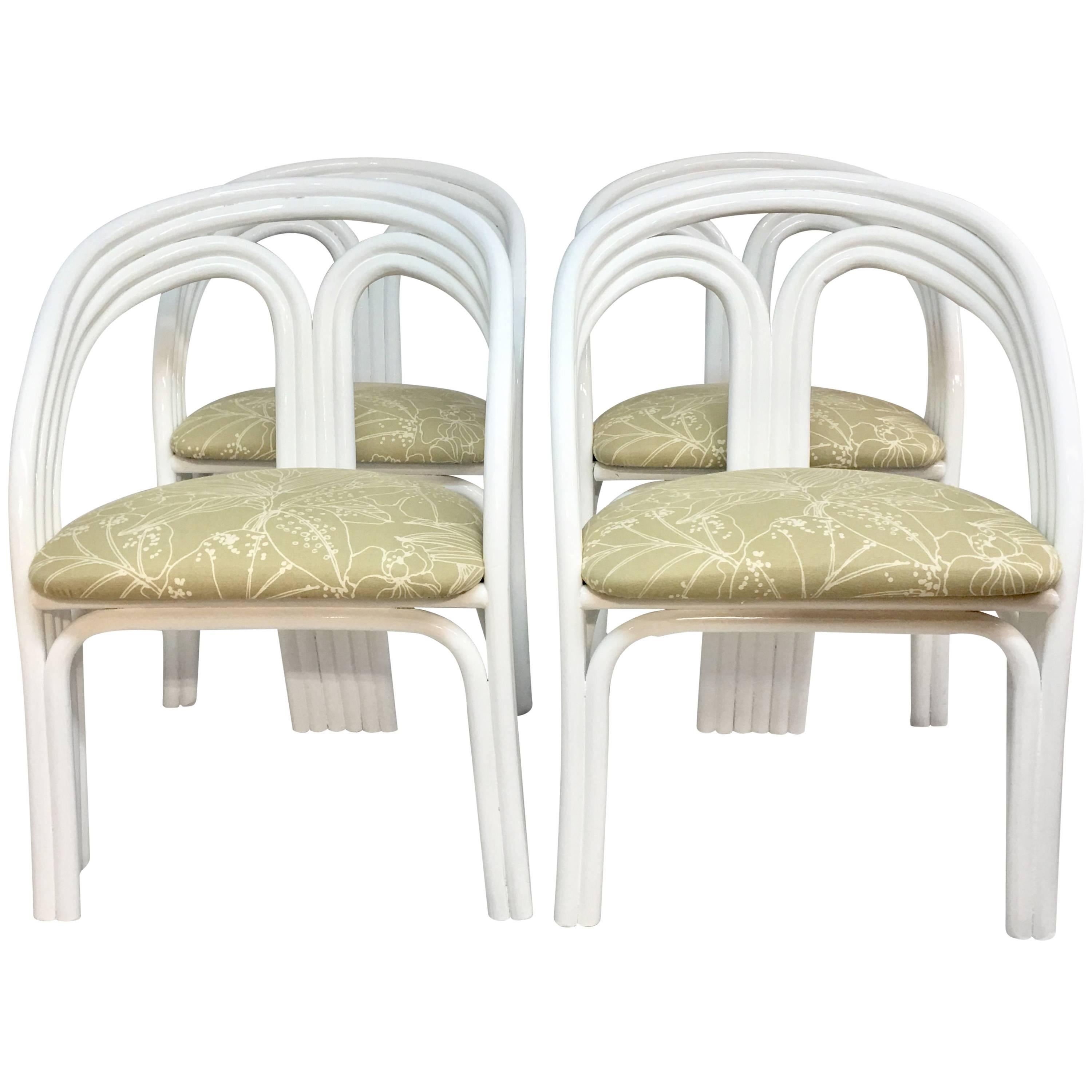 Set of Four Ficks Reed Style White Lacquered Rattan Upholstered Chairs For Sale
