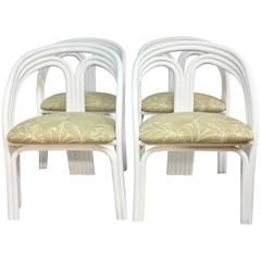 Set of Four Ficks Reed Style White Lacquered Rattan Upholstered Chairs