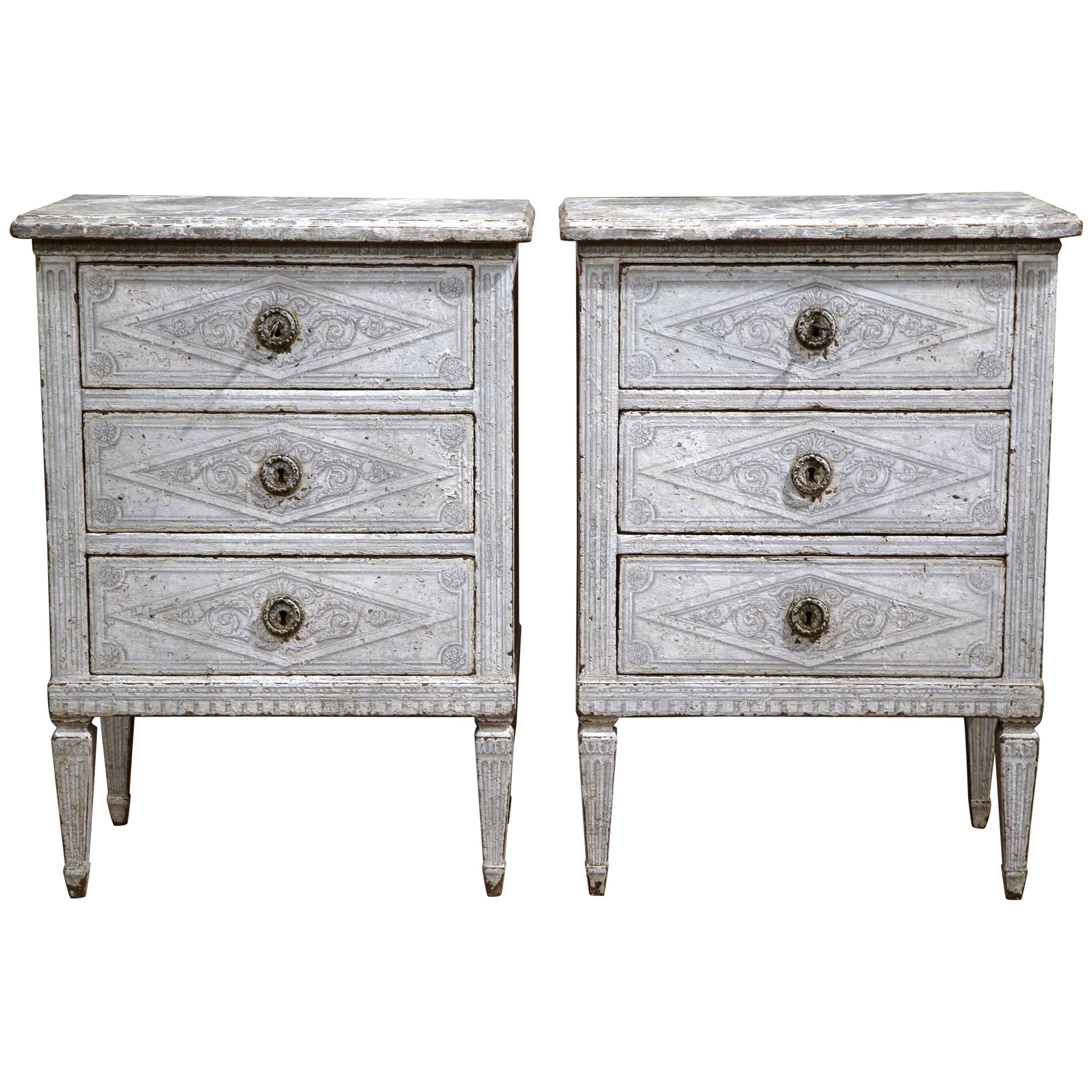 Pair of 19th Century French Louis XVI Painted Nightstands with Faux Marble Top