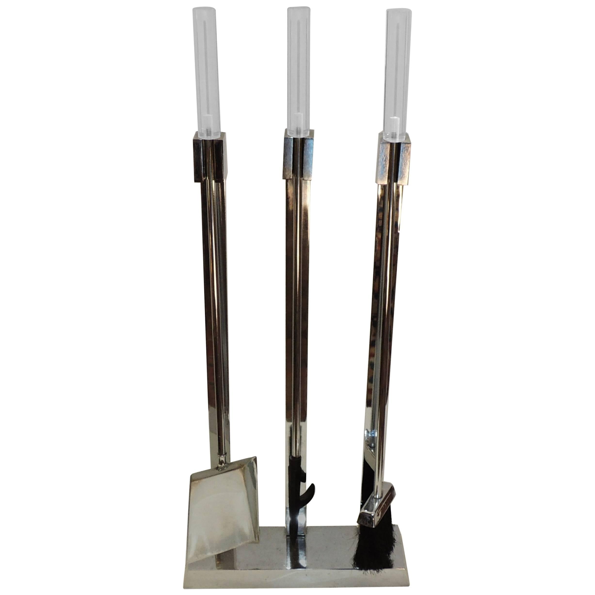 Wonderful Mid Century Modern Four-Piece Lucite Nickel Chrome Fire Place Tool Set