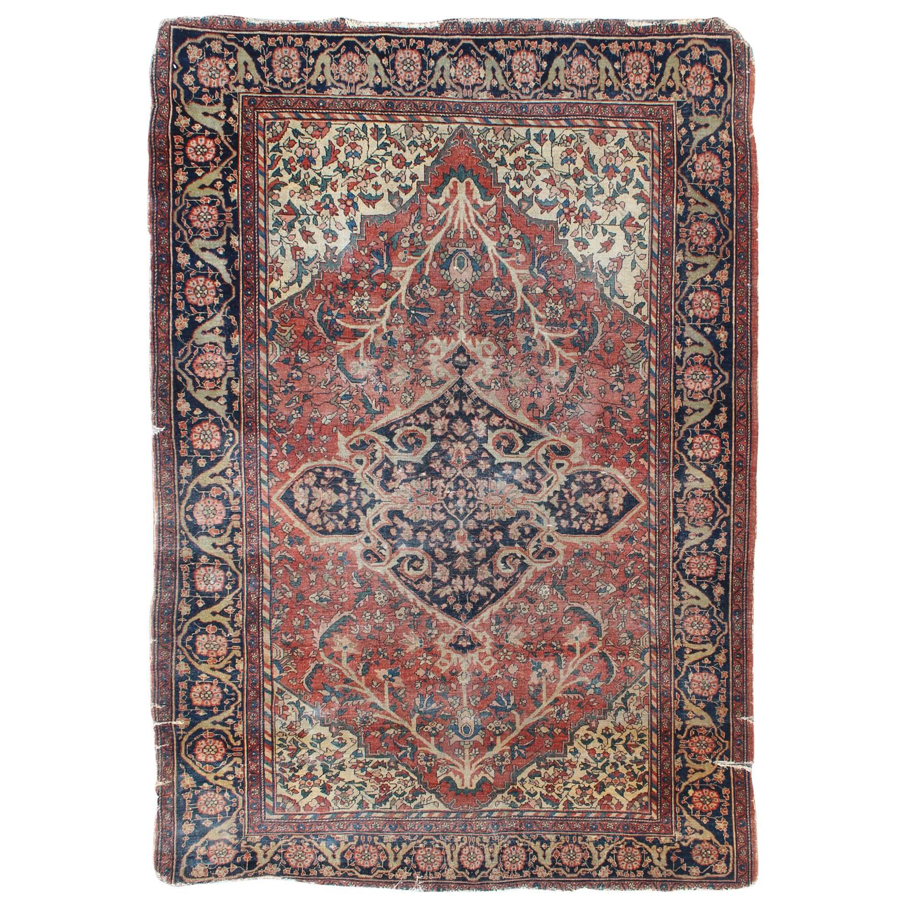 Antique Sarouk Faraghan Persian Rug with Florals in Navy, Red and Cream