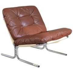 Danish 1970s Mid-Century Brown Leather Lounge Chair with Tubular Chrome Frame
