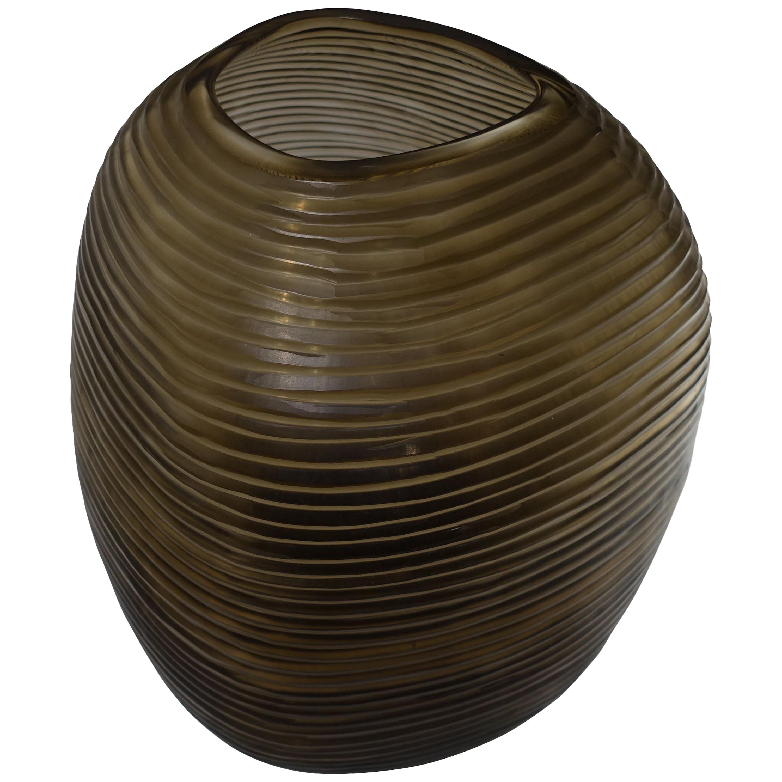 Handmade Ridged Glass Vase, Romania, Contemporary