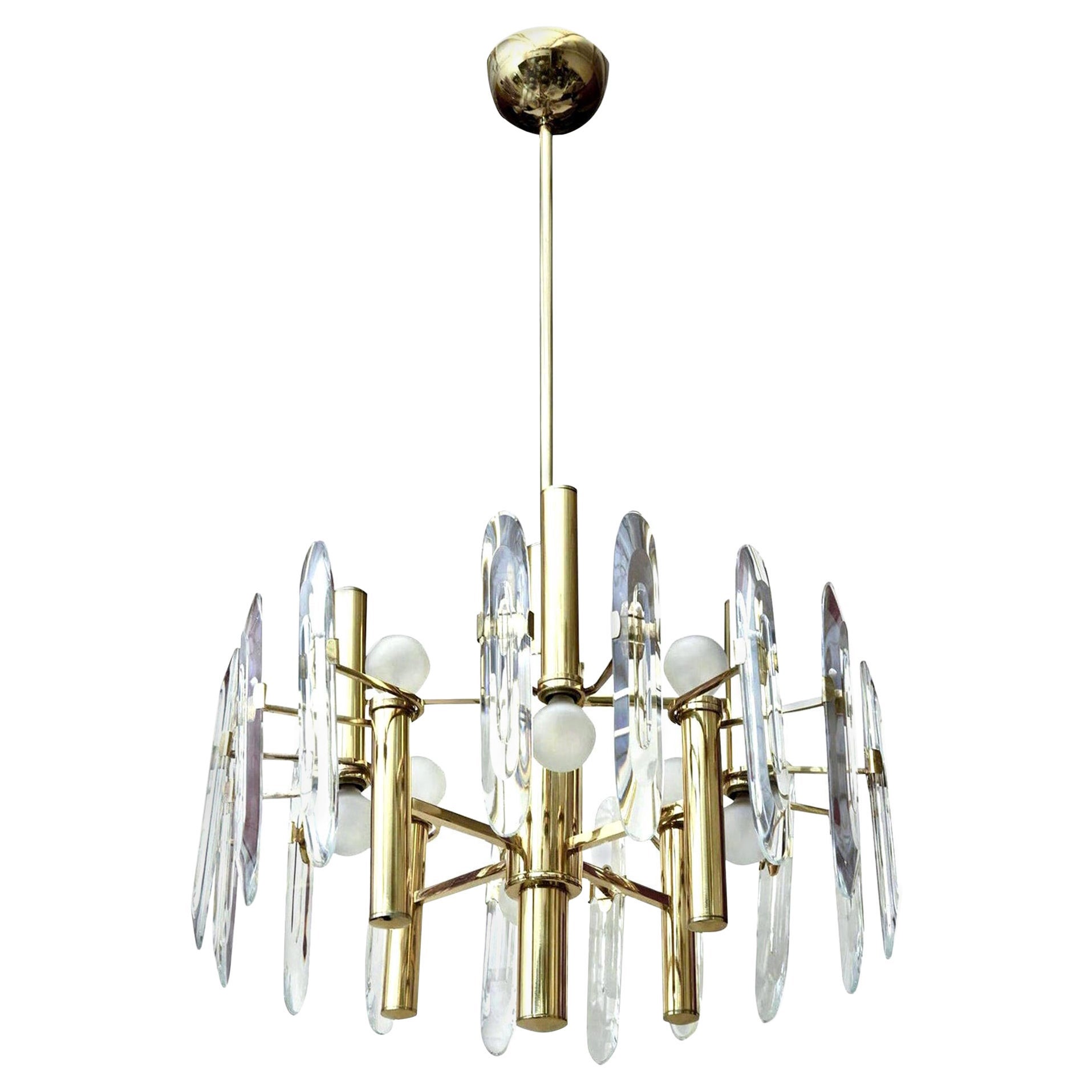 Vintage Gaetano Sciolari Brass and Crystal Prism Chandelier Italian