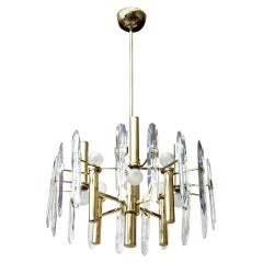 Vintage Gaetano Sciolari Brass and Crystal Prism Chandelier Italian