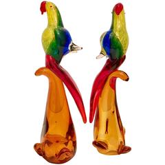 Pair of Vintage Art Glass Bird Sculptures
