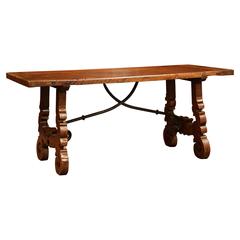 Mid-20th Century Spanish Carved Walnut Coffee Table with Iron Stretchers
