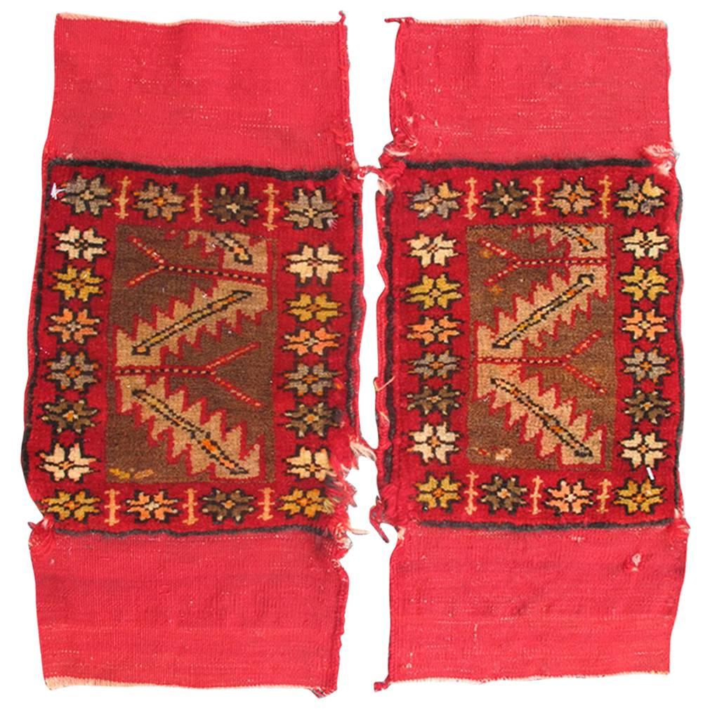 Pair of Antique Turkish Sampler Rugs with Coral, Yellow and Brown Colors For Sale