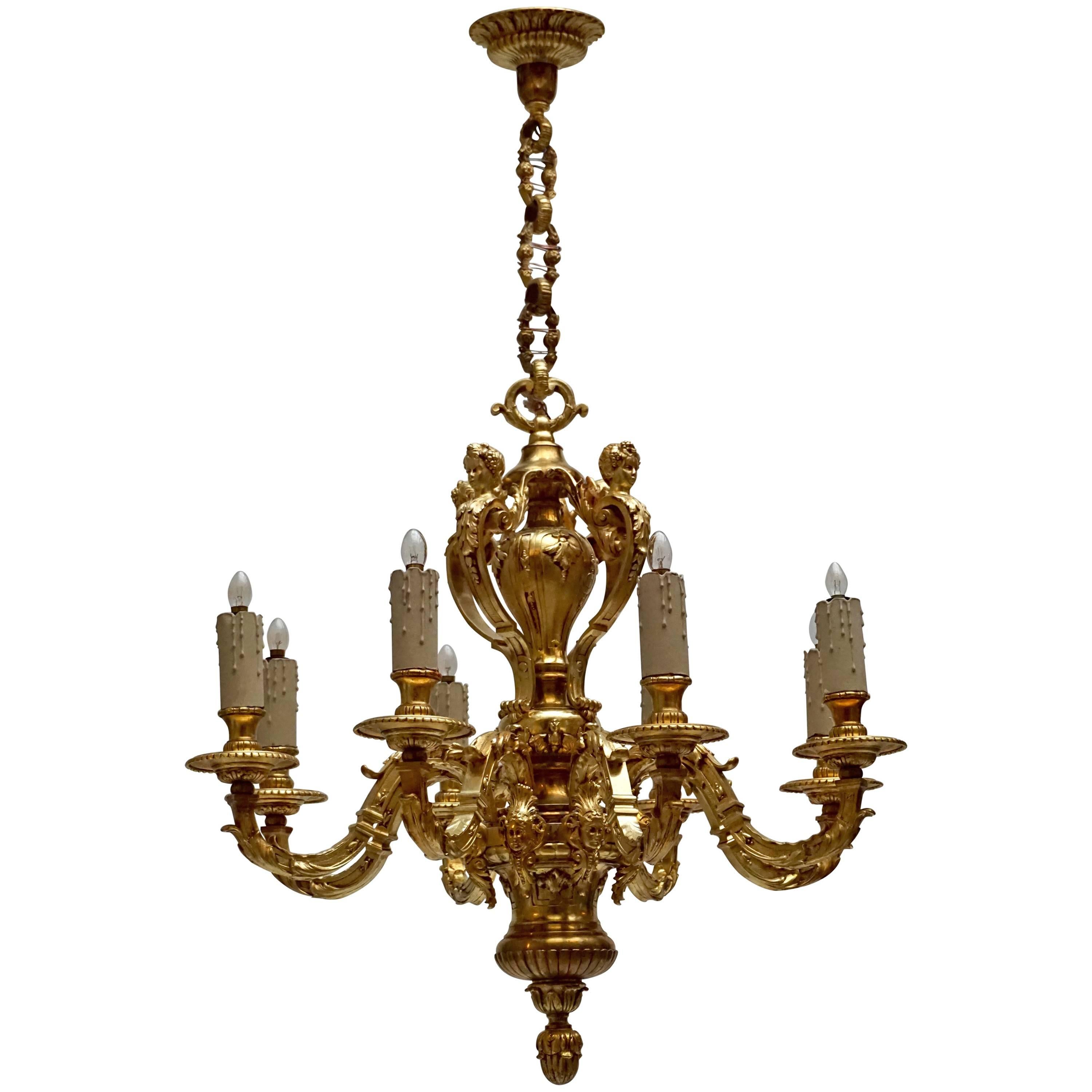 French Eight-Light Massive Bronze Chandelier with Cherubs For Sale