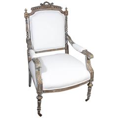 19th Century French Louis XVI Fauteuil Armchair Covered in Cotton Muslin