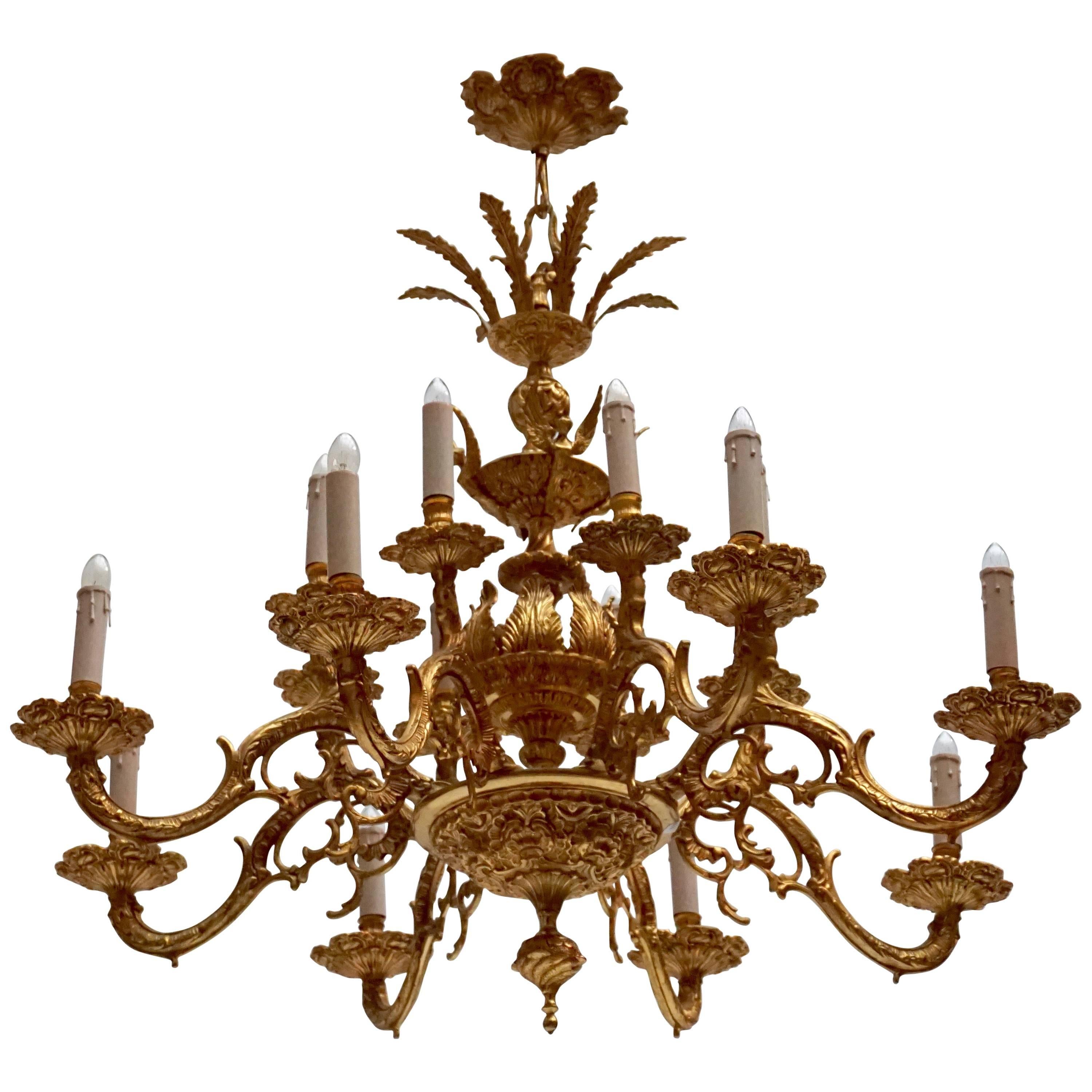 Large Gold Plated Sixteen-Light Chandelier