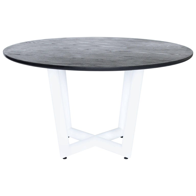Ebonized Oak Round Slab Top, Metal Base, Sable Dining Table For Sale at