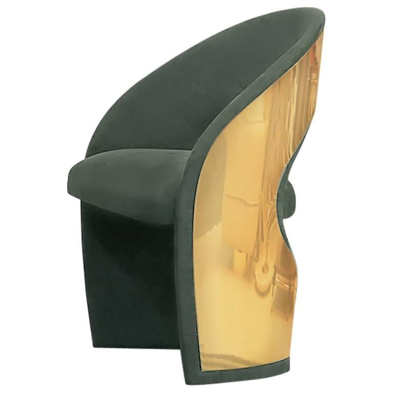 European Mid-Century Modern Style Leather, Wood and Brass Jones Armchair For Sale