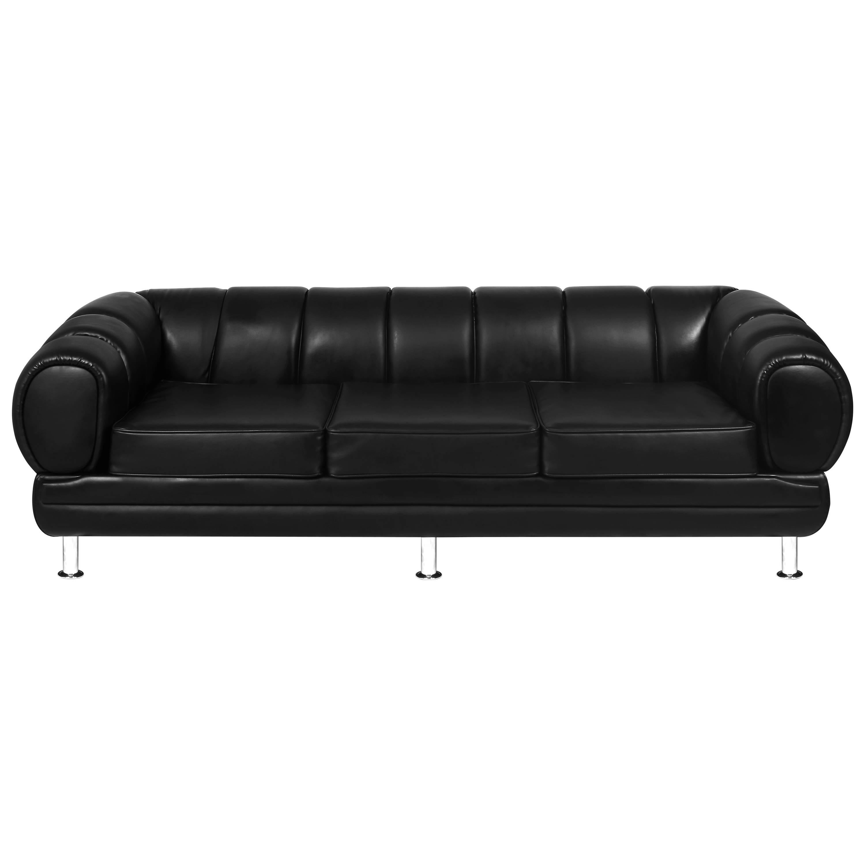 Mid-Century Modern Style Ruched Leather and Nickel Three-Seat Novac Sofa For Sale