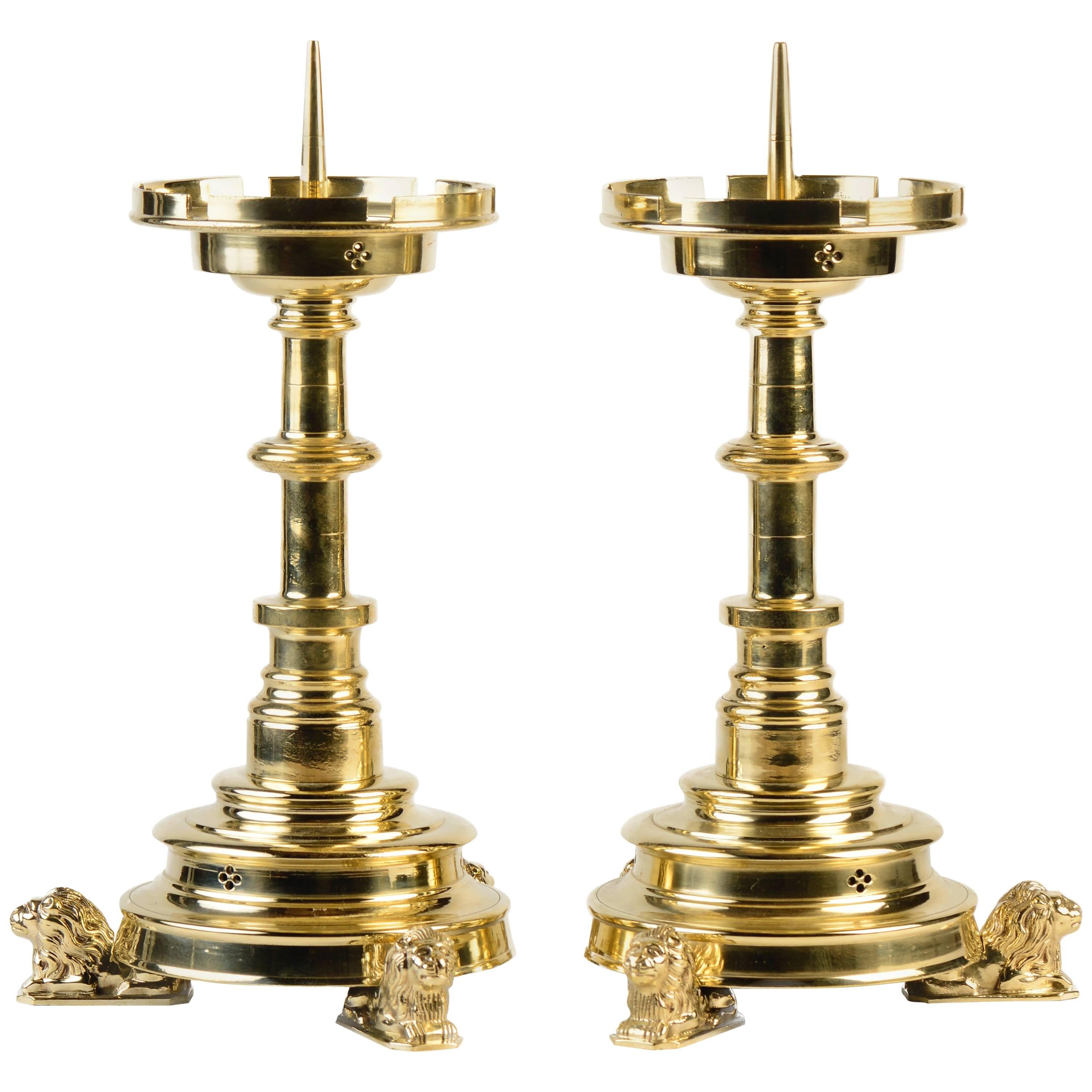 Brass Neo-Gothic Candle Sticks For Sale