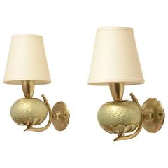 Pair of 1930s Murano Glass and Brass Wall Sconces Lamps by Barovier & Toso 12