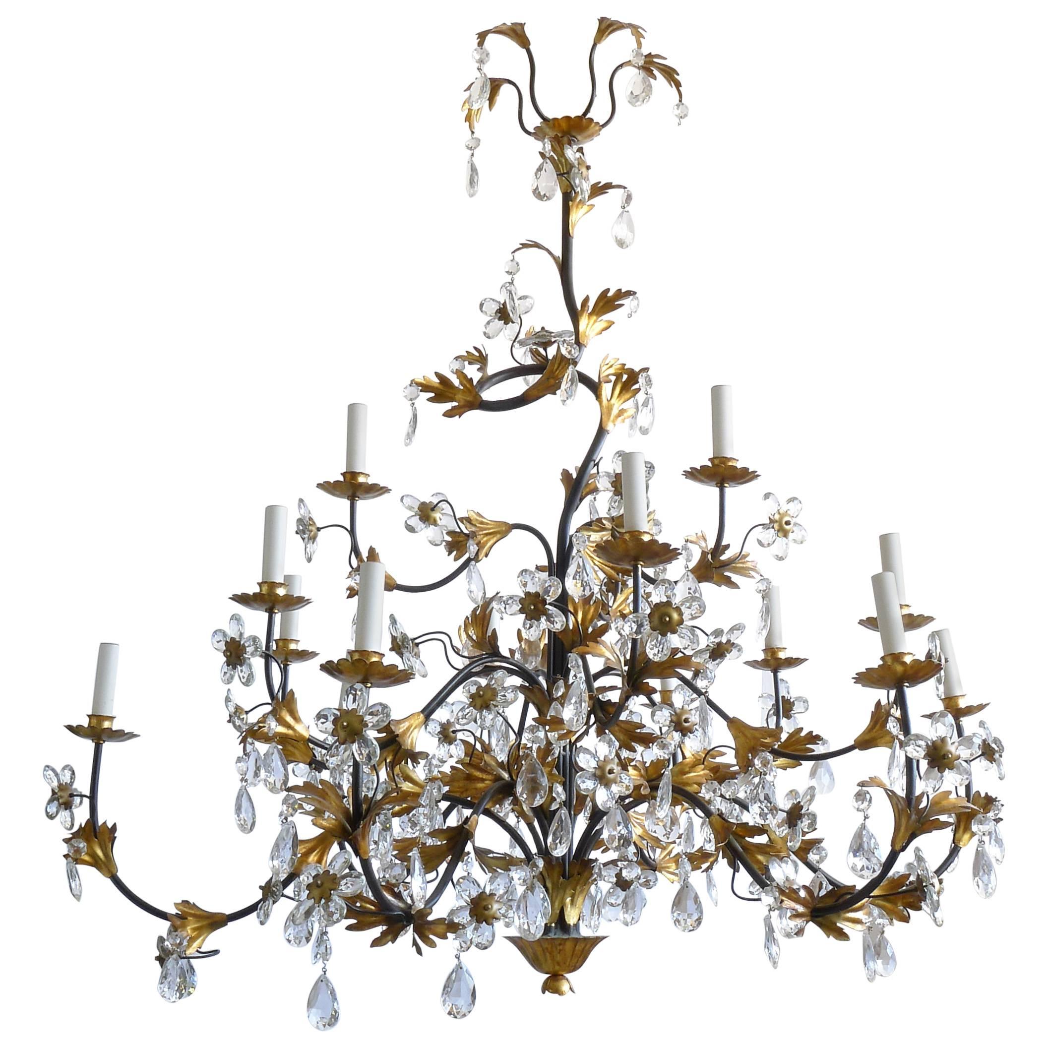 Hollywood Regency Wrought Iron Painted, Gilt and Crystal Fifteen-Arm Chandelier For Sale