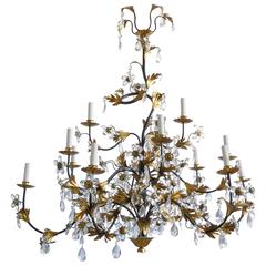 Vintage Hollywood Regency Wrought Iron Painted, Gilt and Crystal Fifteen-Arm Chandelier