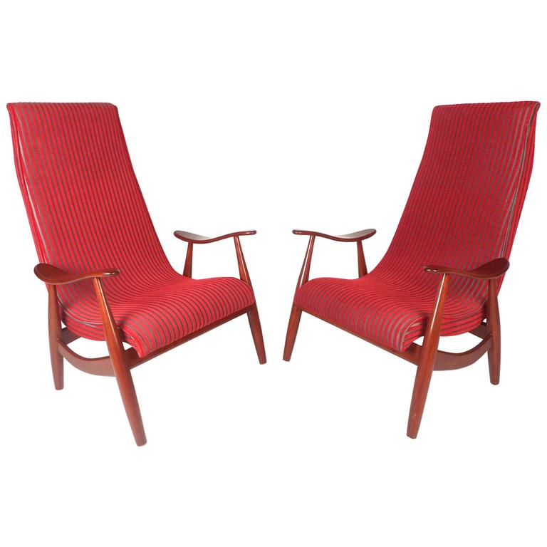 Pair of MidCentury Modern High Back Walnut Lounge Chairs For Sale at 1stdibs