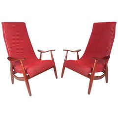 Pair of Mid-Century Modern High Back Walnut Lounge Chairs