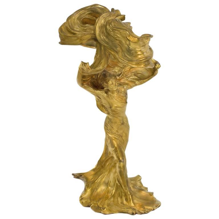 French Art Nouveau Gilt Bronze Lighted Sculpture of Loïe Fuller by Raoul Larche