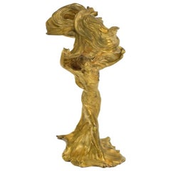 Sculpture lumineuse Art Nouveau français en bronze doré de Loïe Fuller par Raoul Larche