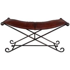 Vintage Mid-Century Iron and Leather Bench