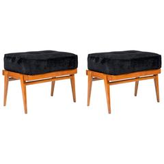 Pair of Mid-Century Solid Cherry Stools by Manufacture Camea, Signed & Patented