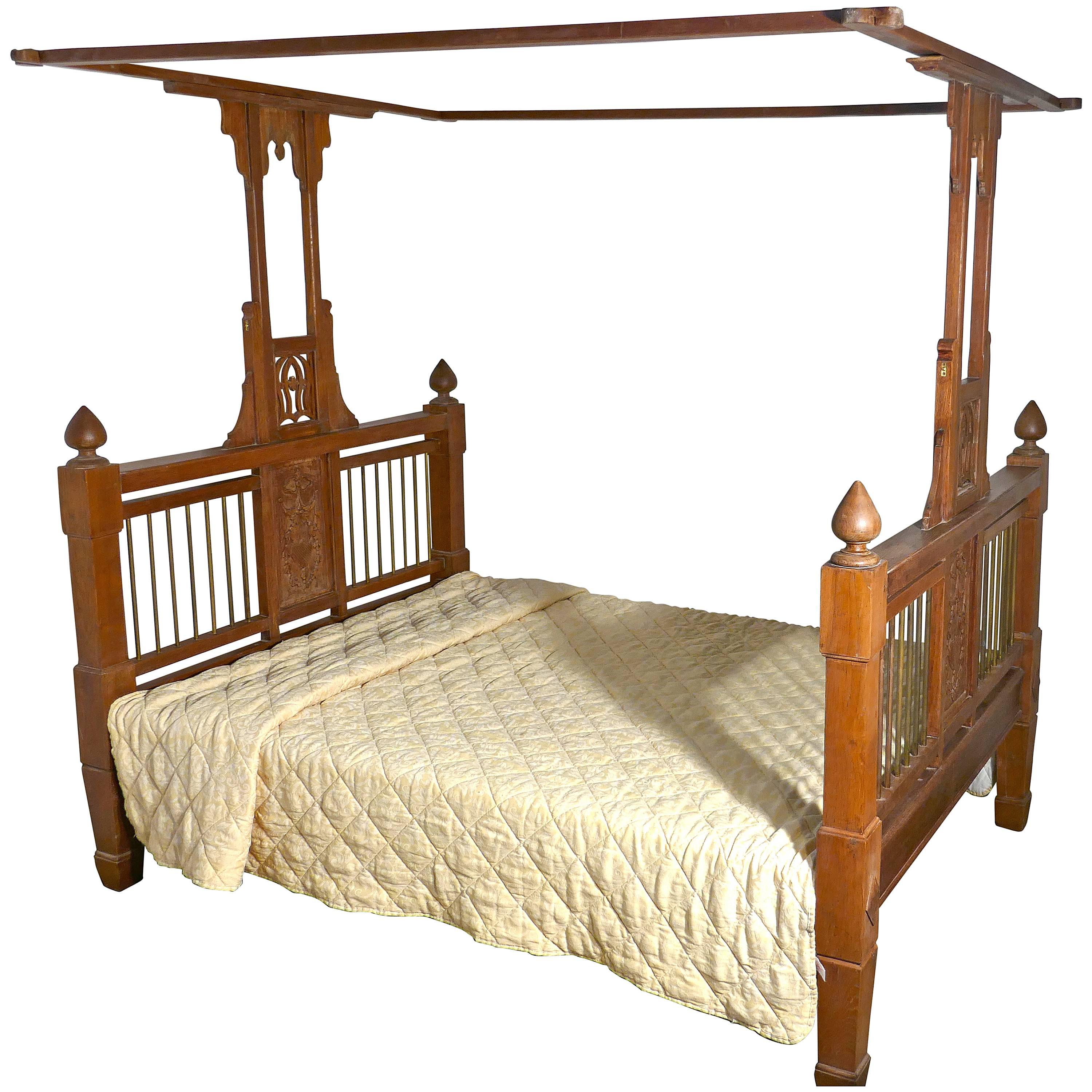 Colonial Style Antique Four Poster Double Bed, 19th Century Raj Bed