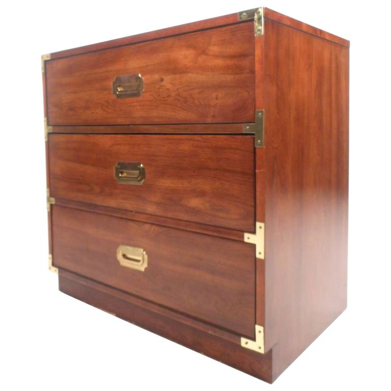 Mid Century Modern Campaign Style Three Drawer Chest By Bernhardt For Sale Mid Century Modern Campaign Style Three Drawer Chest By Bernhardt For Sale