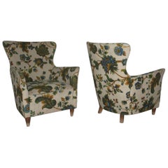 Armchairs Mid-Century Italian Design Flowers Green Wood Feet geometric Shape