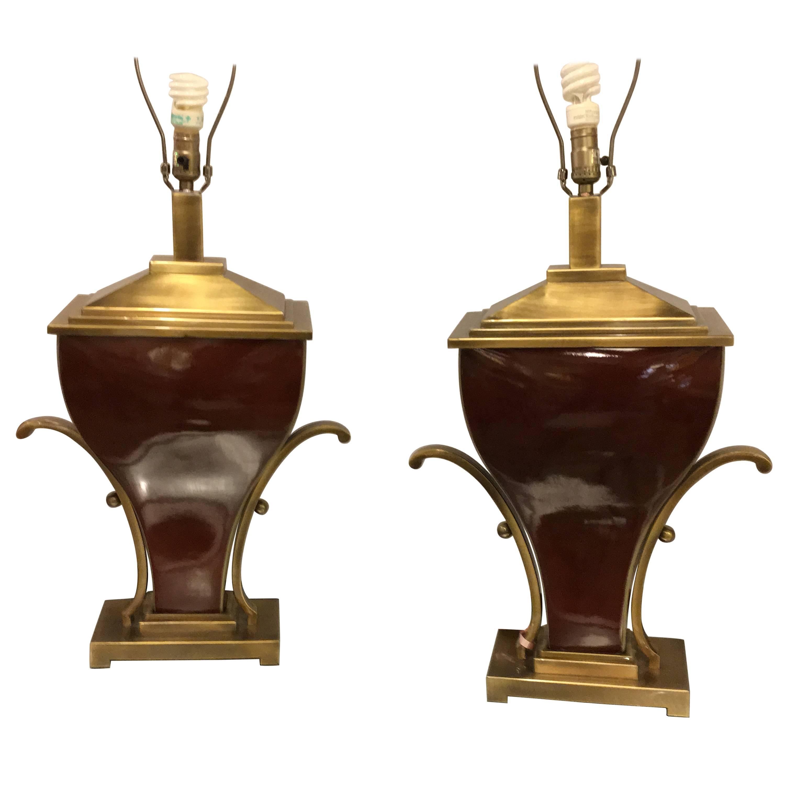 Pair of Art Deco Style Brass Mounted Porcelain Table Lamps For Sale