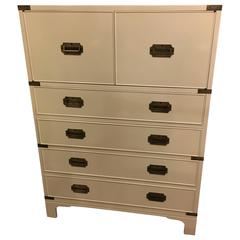 Antique Hollywood Regency White Lacquered Beacon Hill Campaign Chest of Drawers