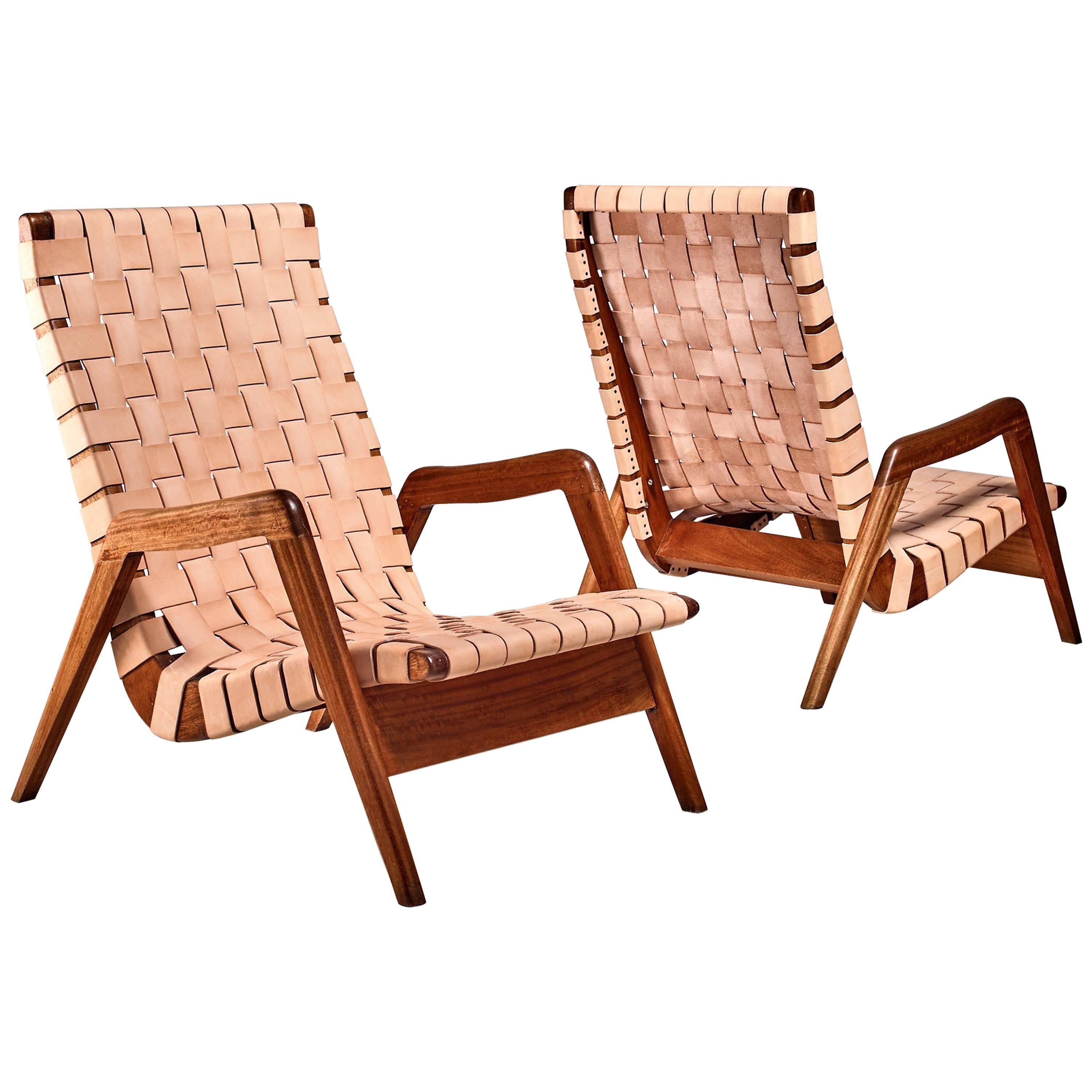 Pair of Mexican Lounge Chairs with Leather Webbing, 1950s For Sale