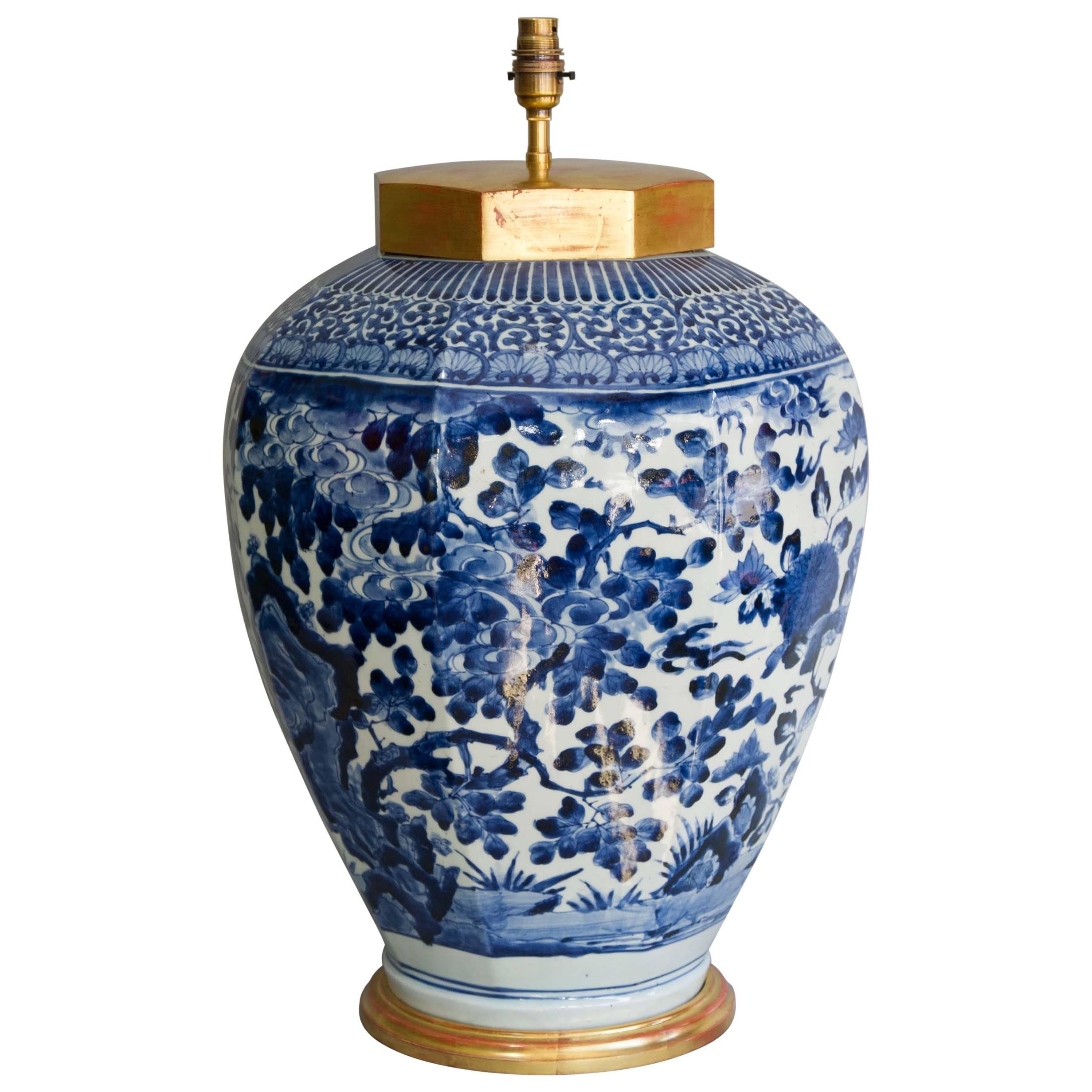   17th Century Japanese Octagonal Blue and White Arita Vase as a lamp