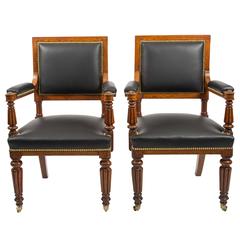 Pair of English Oak Elbow Chairs on Reeded Legs