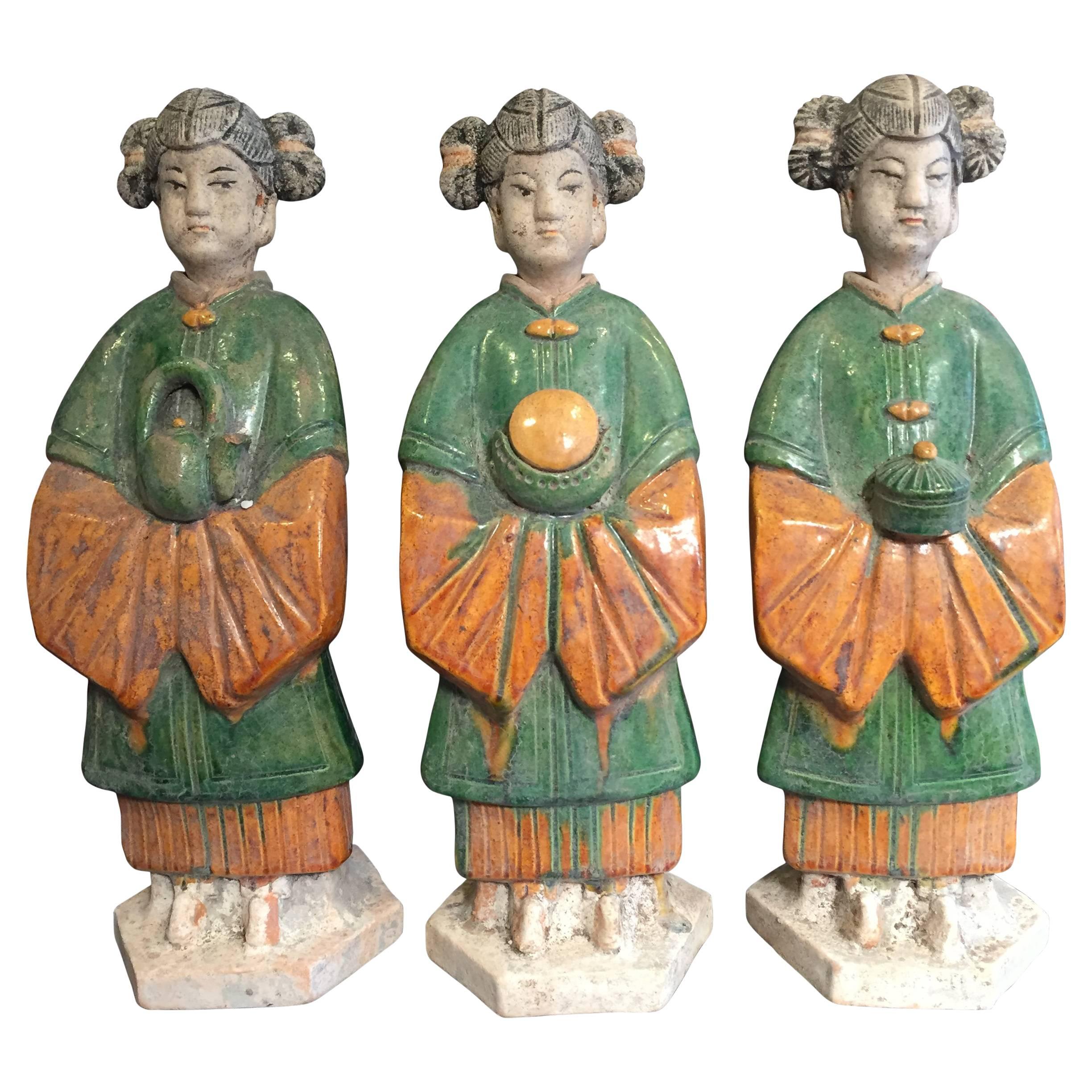 Important Ancient Chinese Trio Handmade Glazed Attendants Ming Dynasty 1368-1644