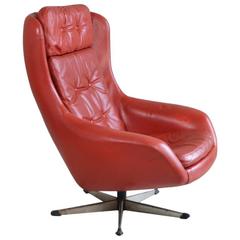 Danish 1970s Mid-Century Red Leather three Cushion High Backed Swivel Armchair