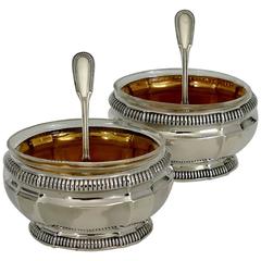 Antique Puiforcat French Sterling Silver Gold 18-Karat Salt Cellars Pair with Spoons