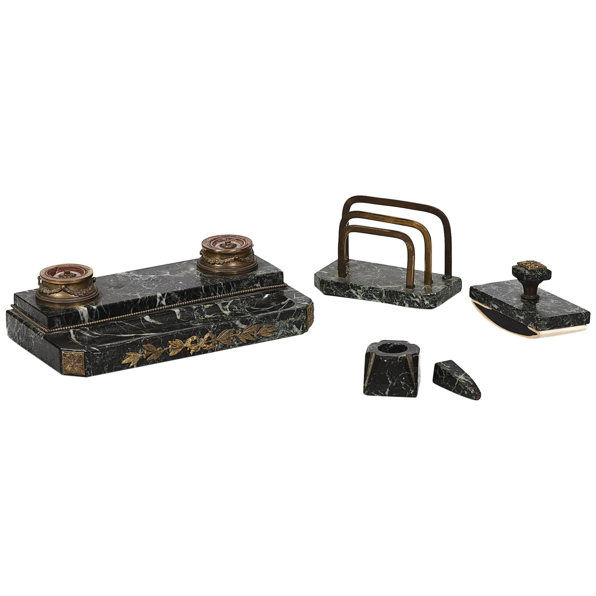 Schreibtisch-Set aus Bronze und Marmor aus dem 19. Jahrhundert