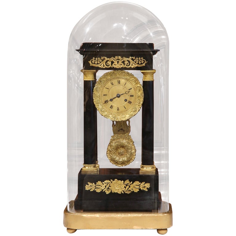 19th Century French Empire Mantel Clock on Gilt Base in Original Glass
