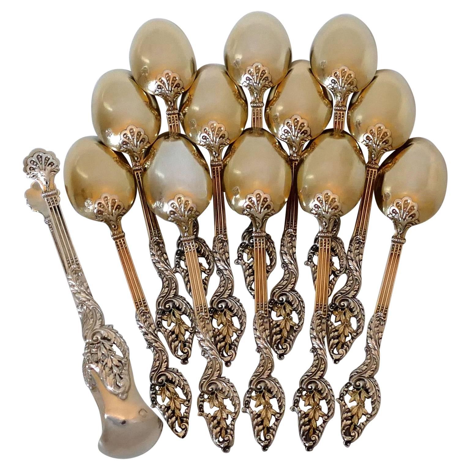 Debain, French Sterling Silver 18-Karat Gold Tea Service, Tea Spoons, Sugar Tong